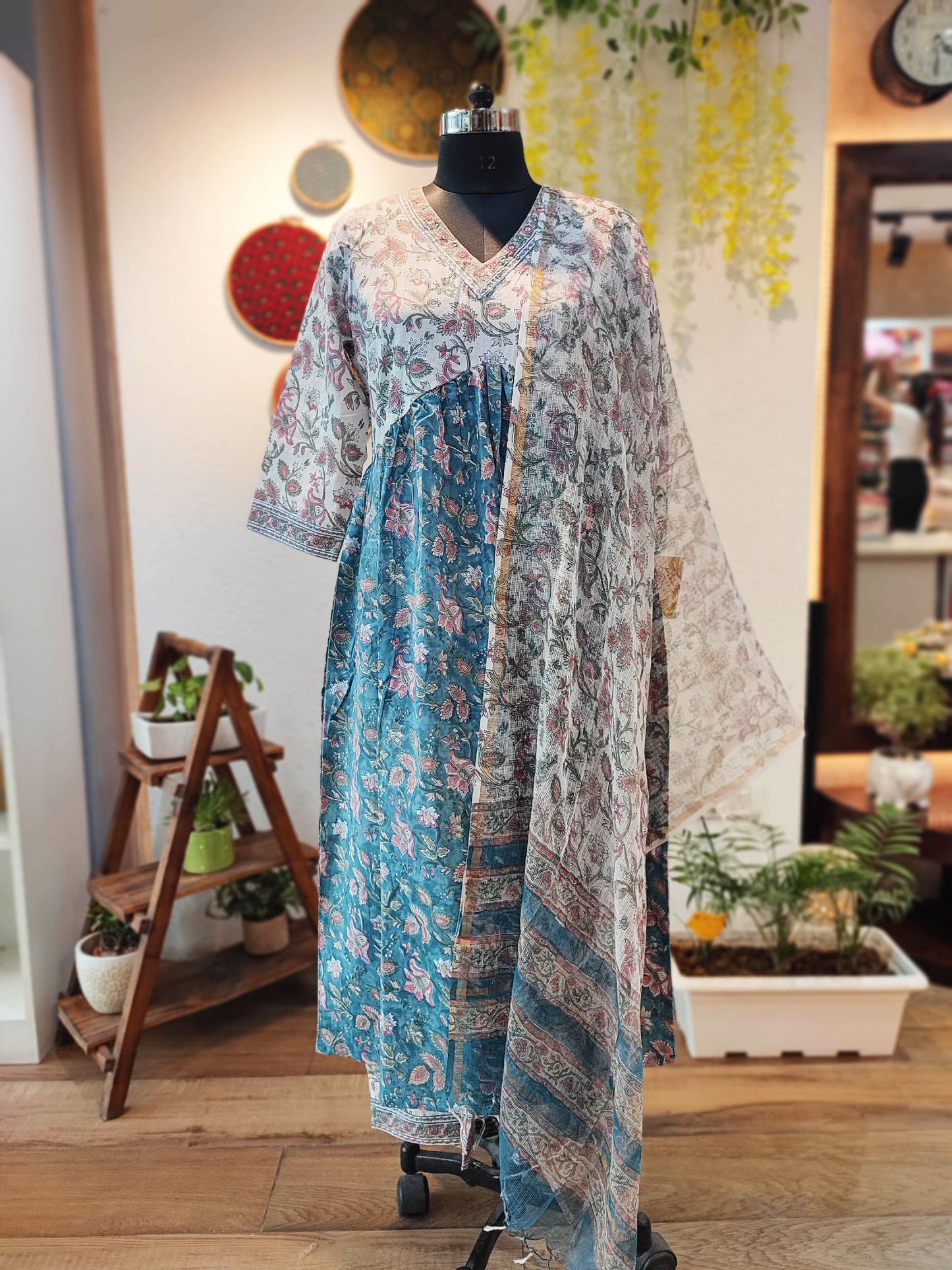 Aegean Blue Cotton Flared Suit With Kota Dupatta