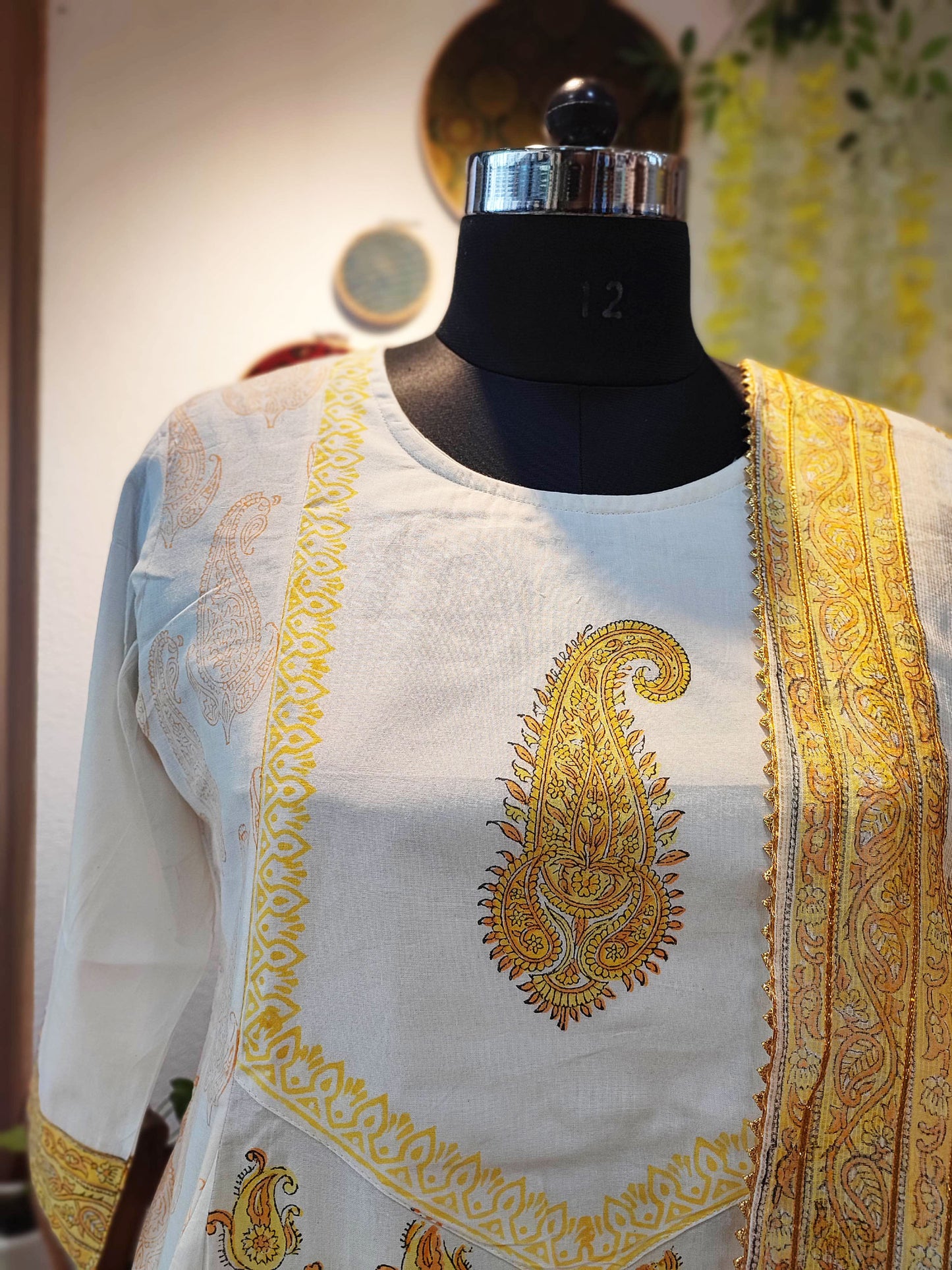 Yellow Cotton Flared Suit With Mulmul Dupatta