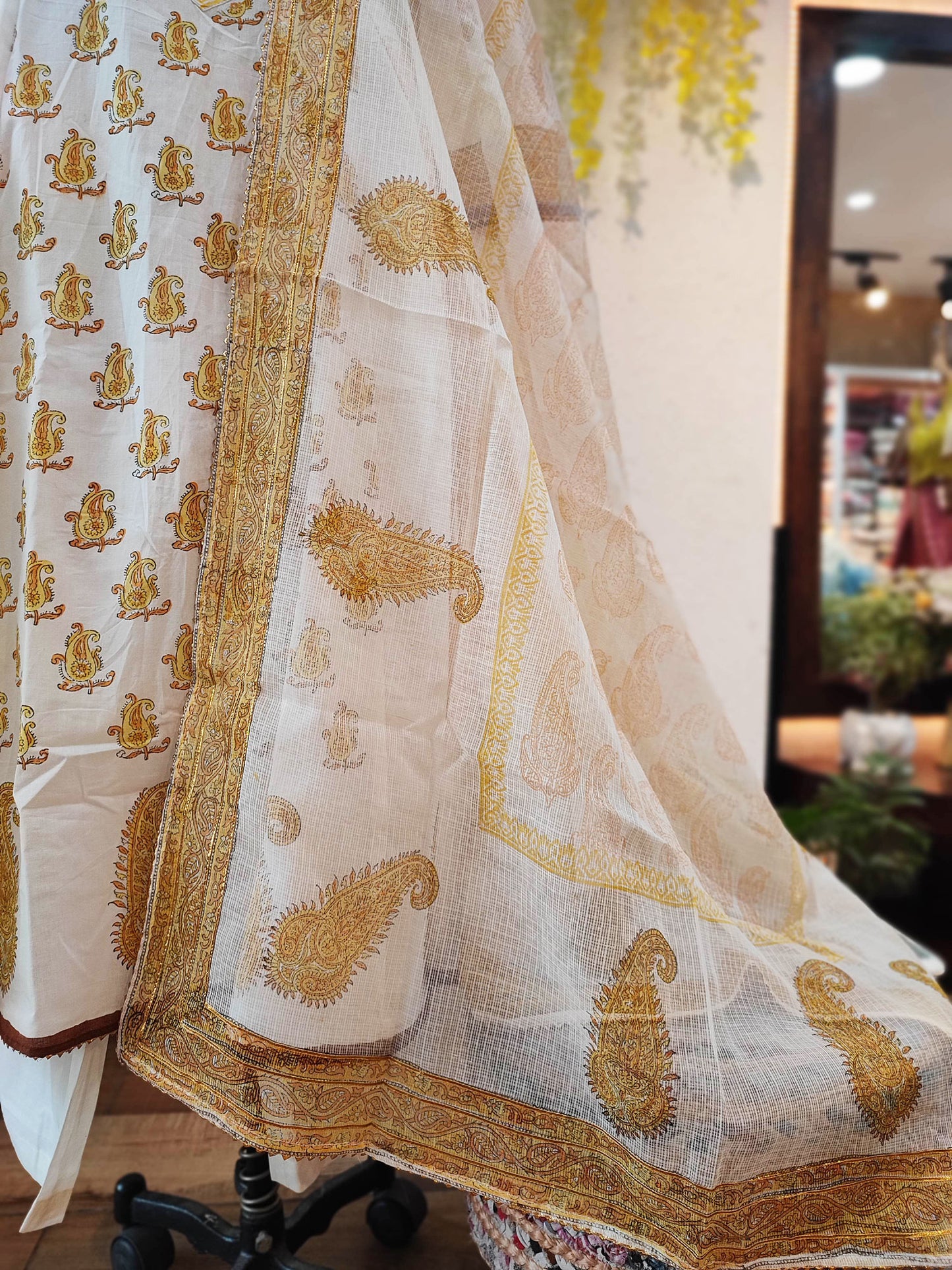 Yellow Cotton Flared Suit With Mulmul Dupatta