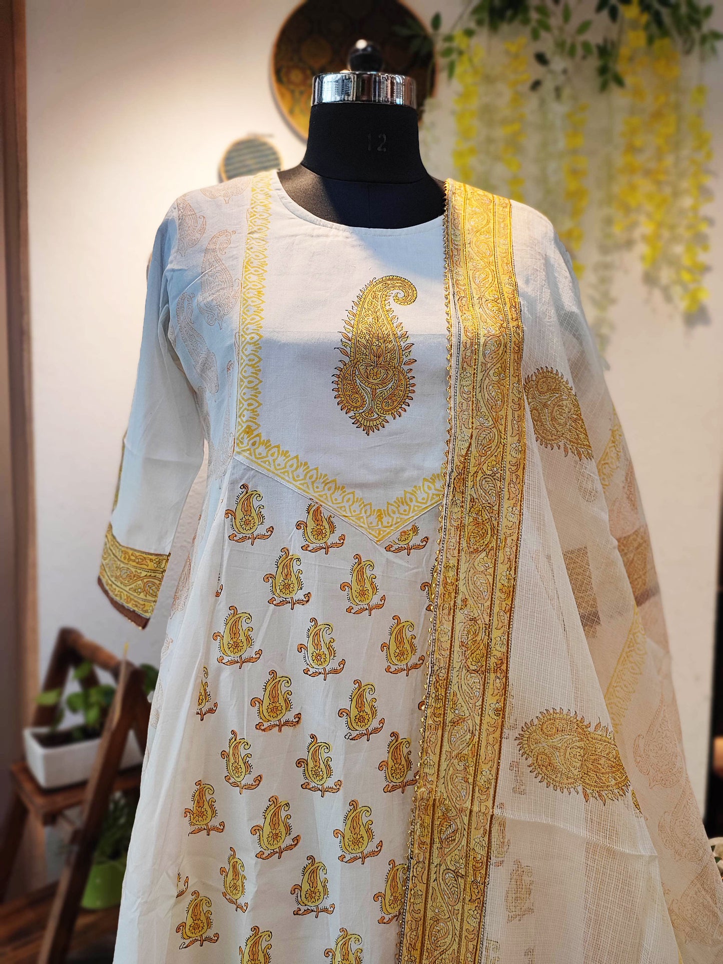 Yellow Cotton Flared Suit With Mulmul Dupatta