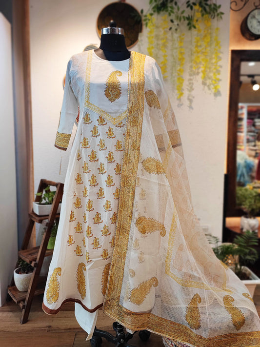 Yellow Cotton Flared Suit With Mulmul Dupatta