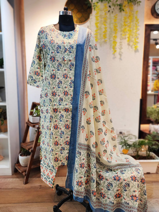 Blue & Olive Floral Handblock Print Cream Cotton Suit Set