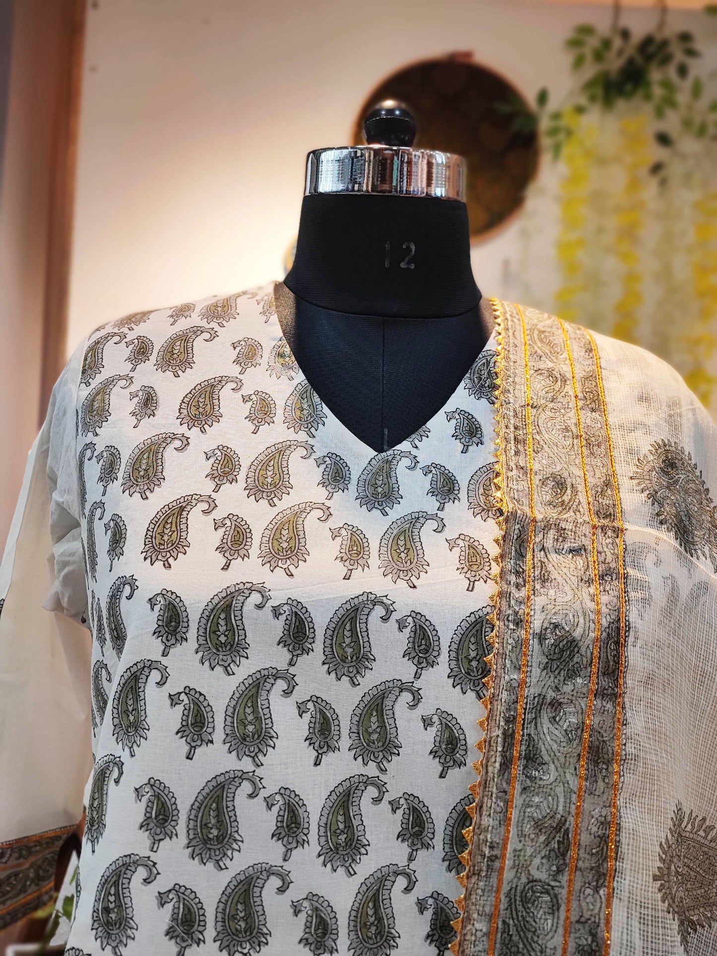 Gray Floral Cotton Suit Set With Kota Dupatta
