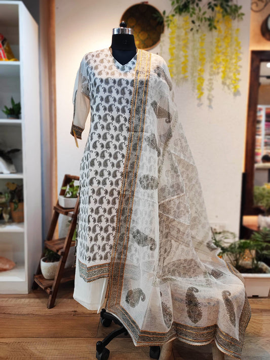 Gray Floral Cotton Suit Set With Kota Dupatta