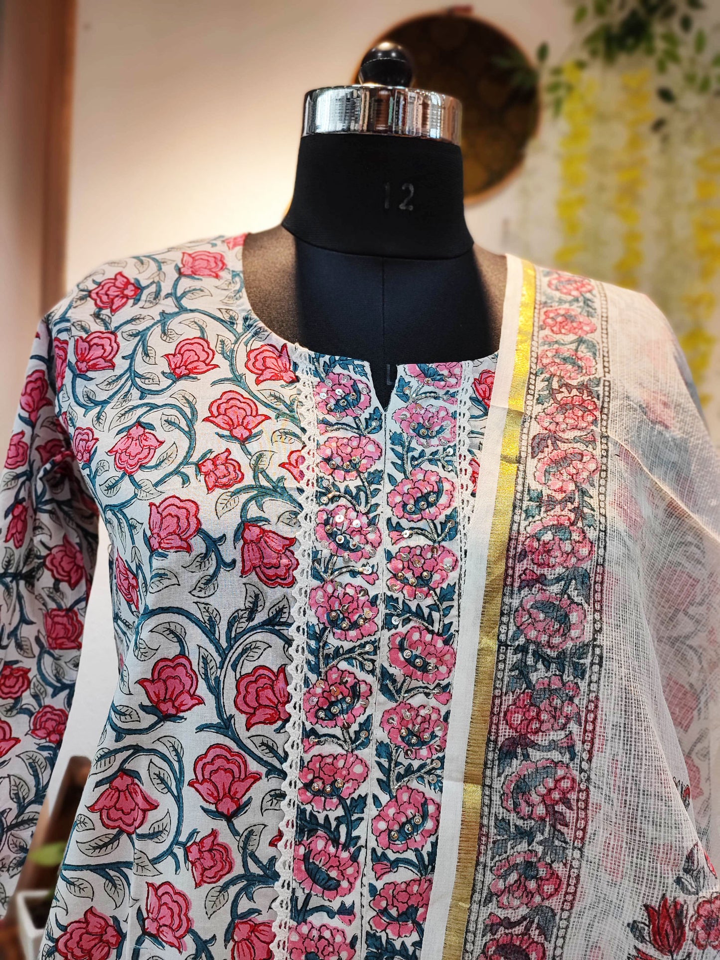 Pink Floral Cotton Suit Set With Kota Dupatta