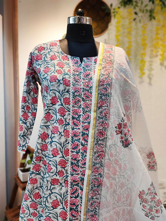 Pink Floral Cotton Suit Set With Kota Dupatta