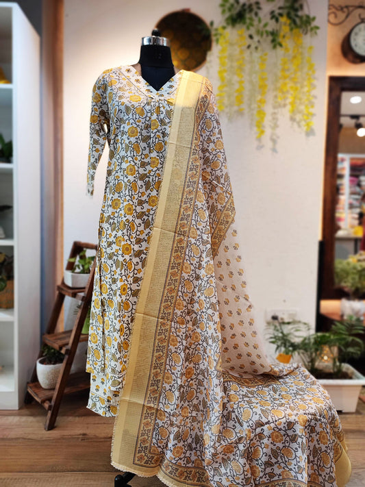 Mustard Yellow Cotton Suit Set With Kota Dupatta