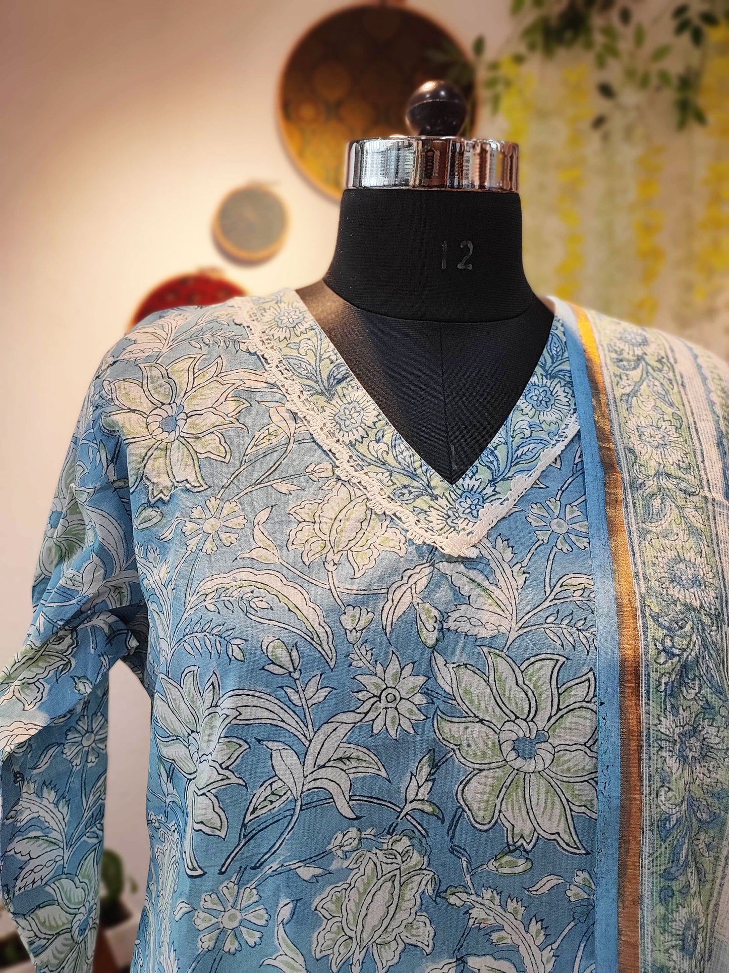Sky Blue Cotton Suit Set With Kota Dupatta