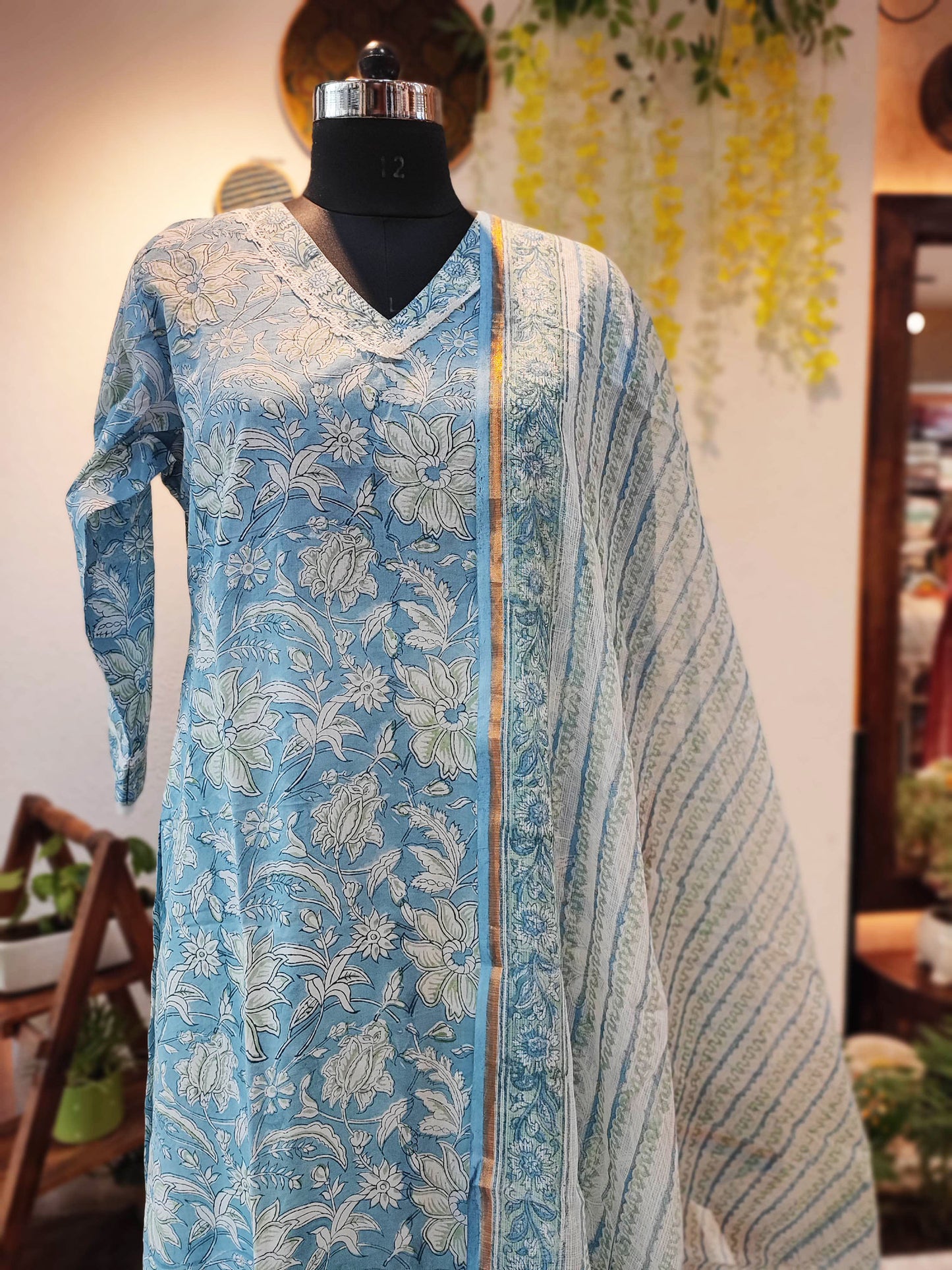 Sky Blue Cotton Suit Set With Kota Dupatta