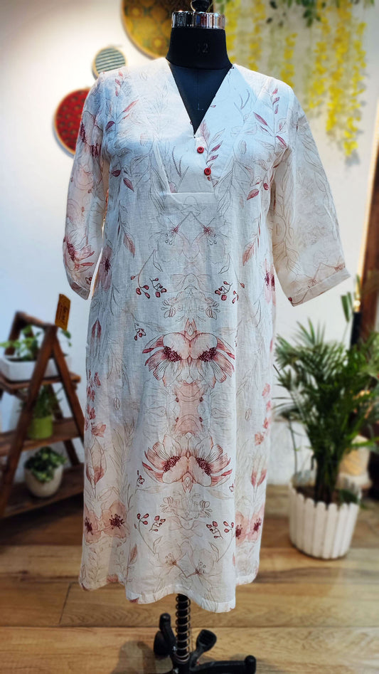 Off White Printed Linen Kurta With Thin Cotton Lining