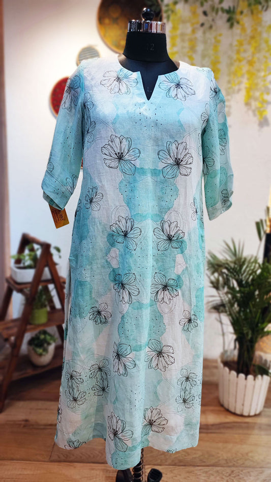 Off White & Sky Blue Printed Linen Kurta With Thin Cotton Lining