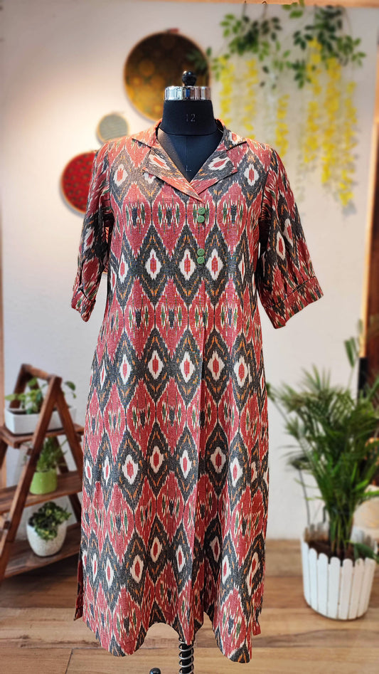 Brick Red & Charcoal Pure Ikkat Handloom Indo Western Dress