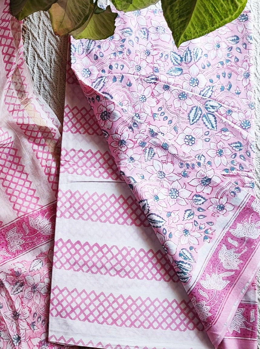 Magenta Pink Cotton Suit With Chanderi Cotton Silk Handblock Dupatta