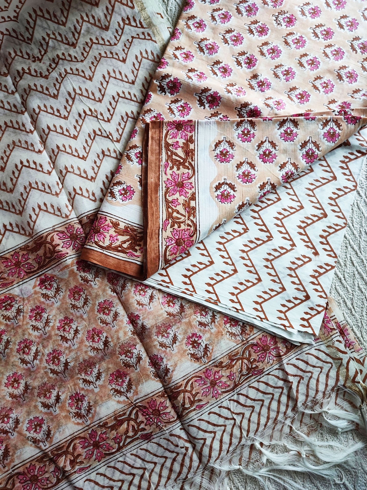 Rust, Pink & White Cotton Suit With Chanderi Cotton Silk Handblock Dupatta