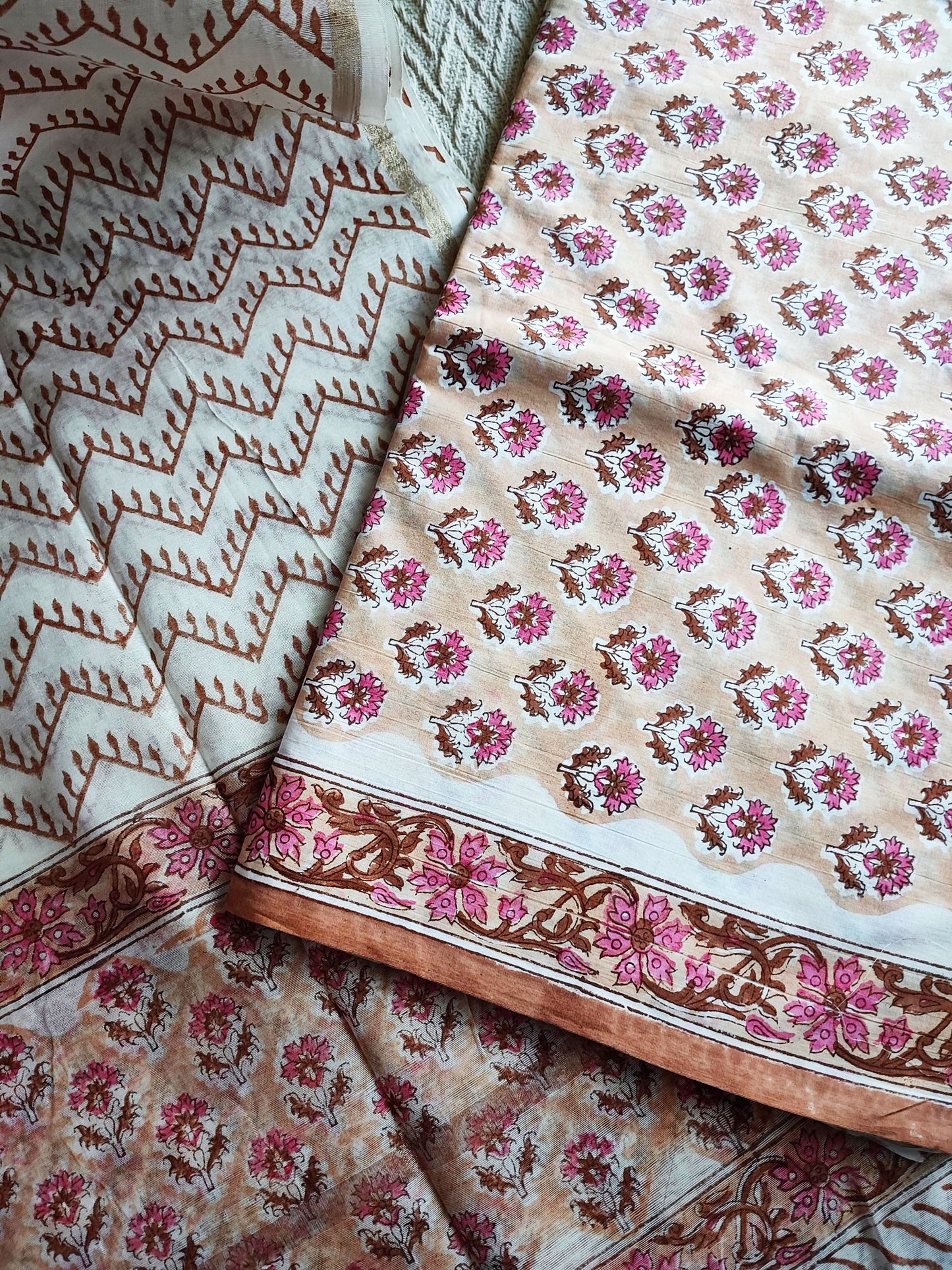 Rust, Pink & White Cotton Suit With Chanderi Cotton Silk Handblock Dupatta