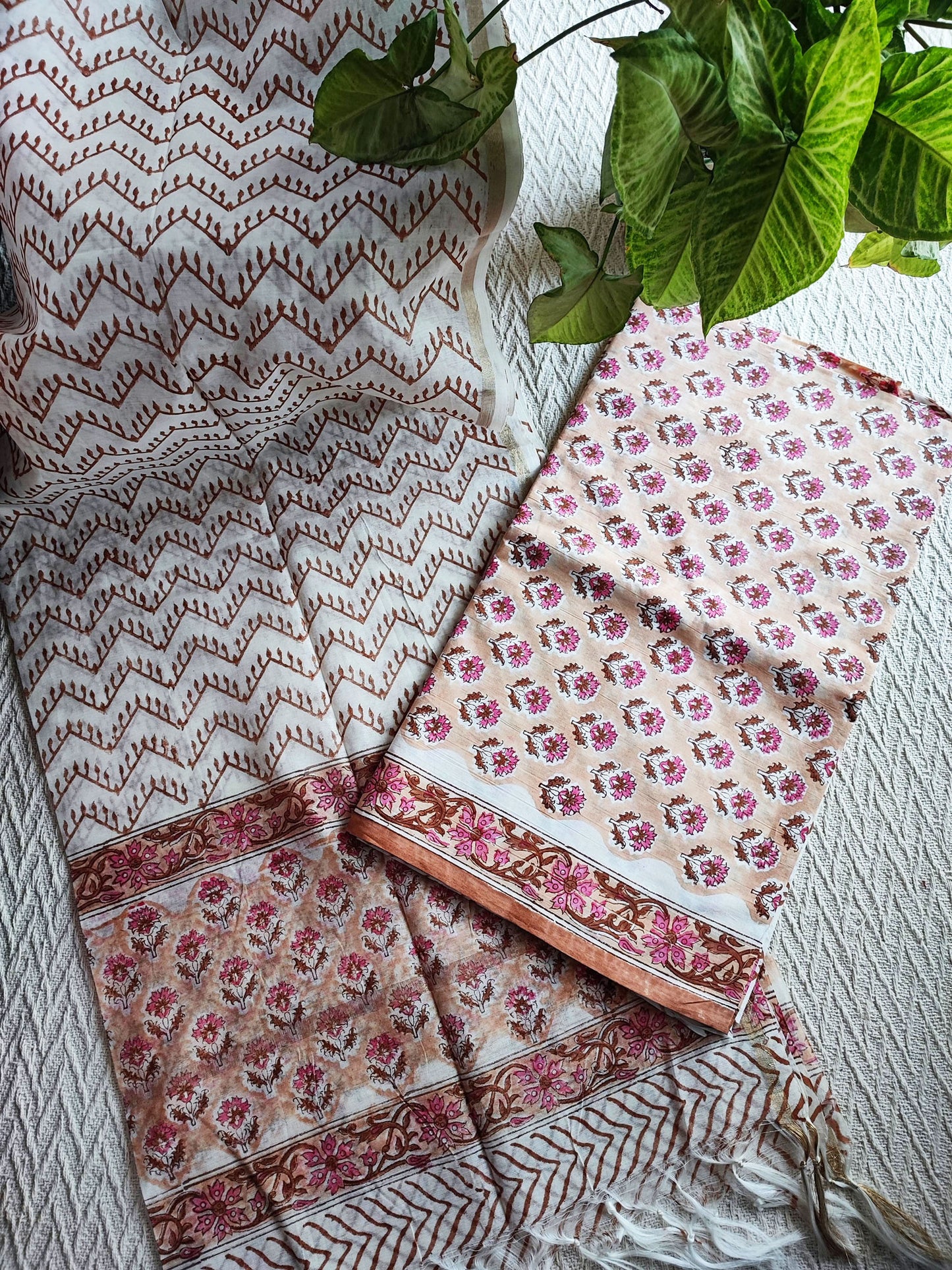Rust, Pink & White Cotton Suit With Chanderi Cotton Silk Handblock Dupatta