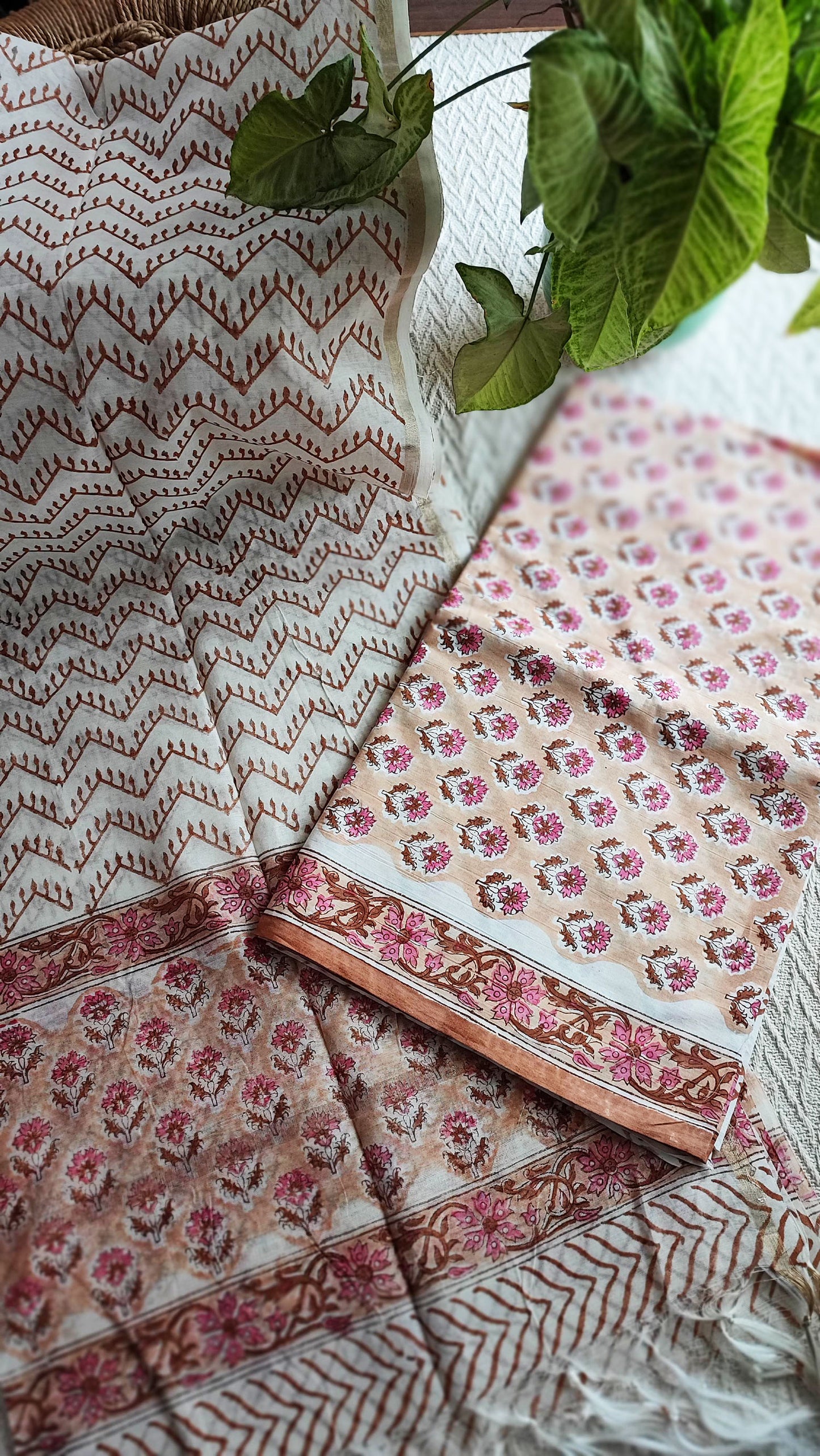 Rust, Pink & White Cotton Suit With Chanderi Cotton Silk Handblock Dupatta
