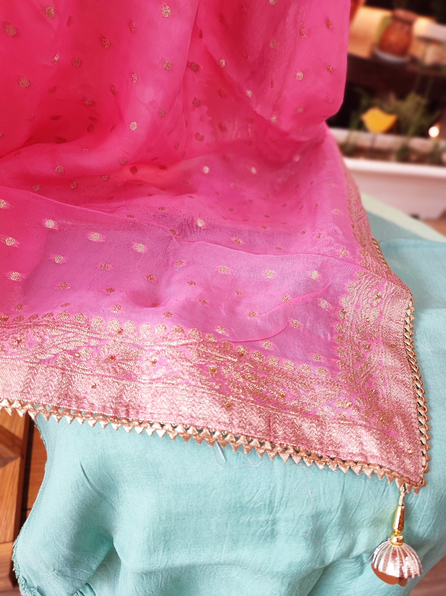 Pistachio Green Dola Banarsi Silk Suit with handwork & Pink Banarsi Dupatta
