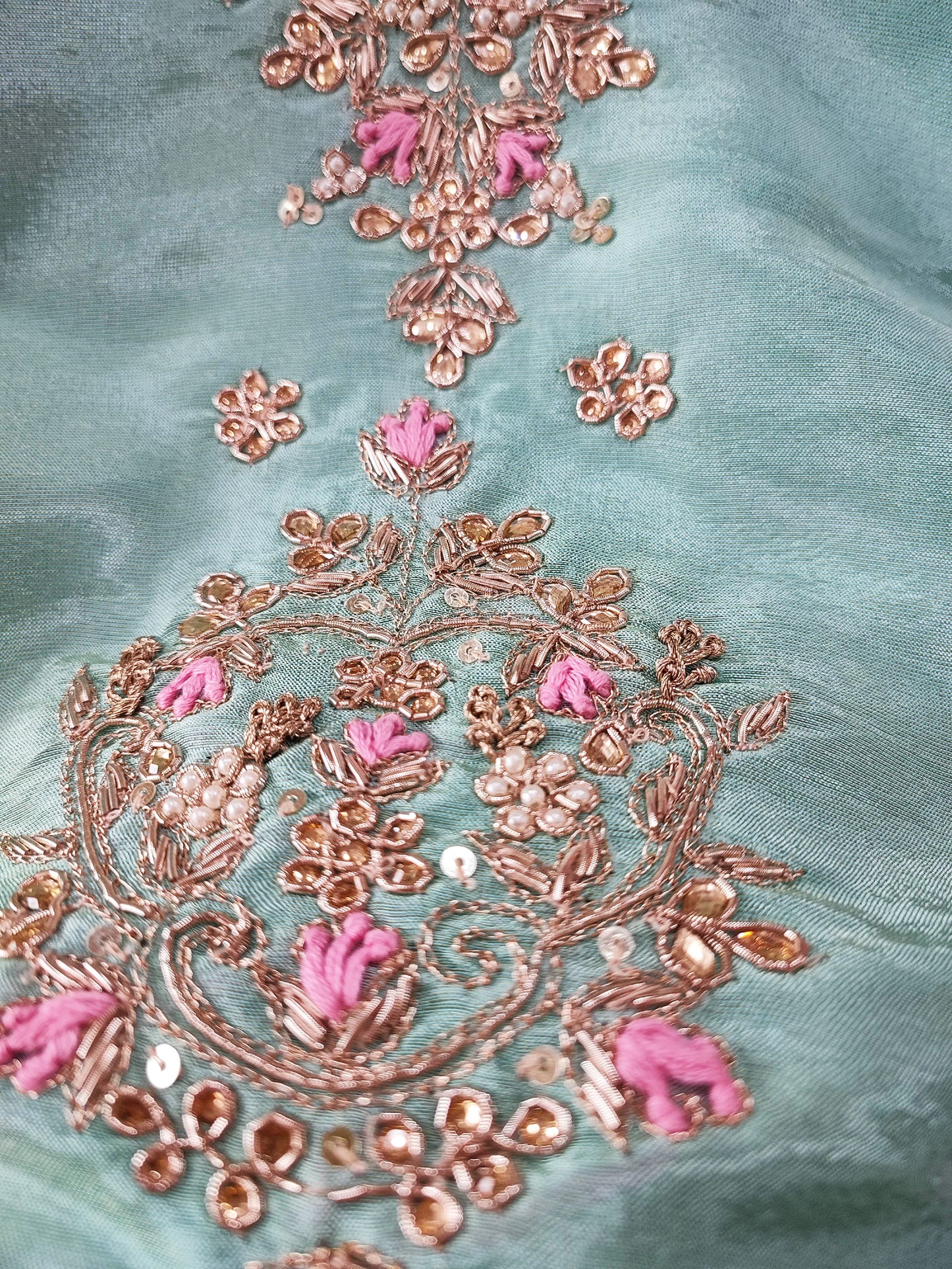 Pistachio Green Dola Banarsi Silk Suit with handwork & Pink Banarsi Dupatta
