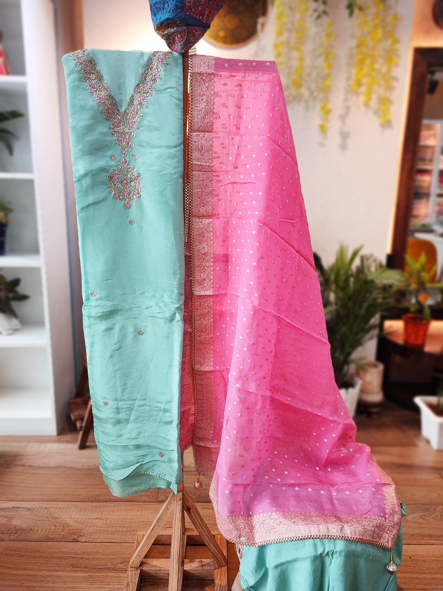 Pistachio Green Dola Banarsi Silk Suit with handwork & Pink Banarsi Dupatta