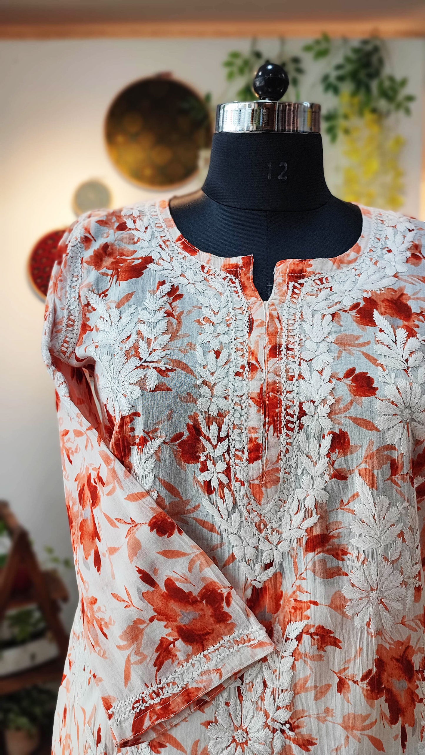 Pure Cotton Floral print Lucknowi Kurta With Chikankari Embroidery