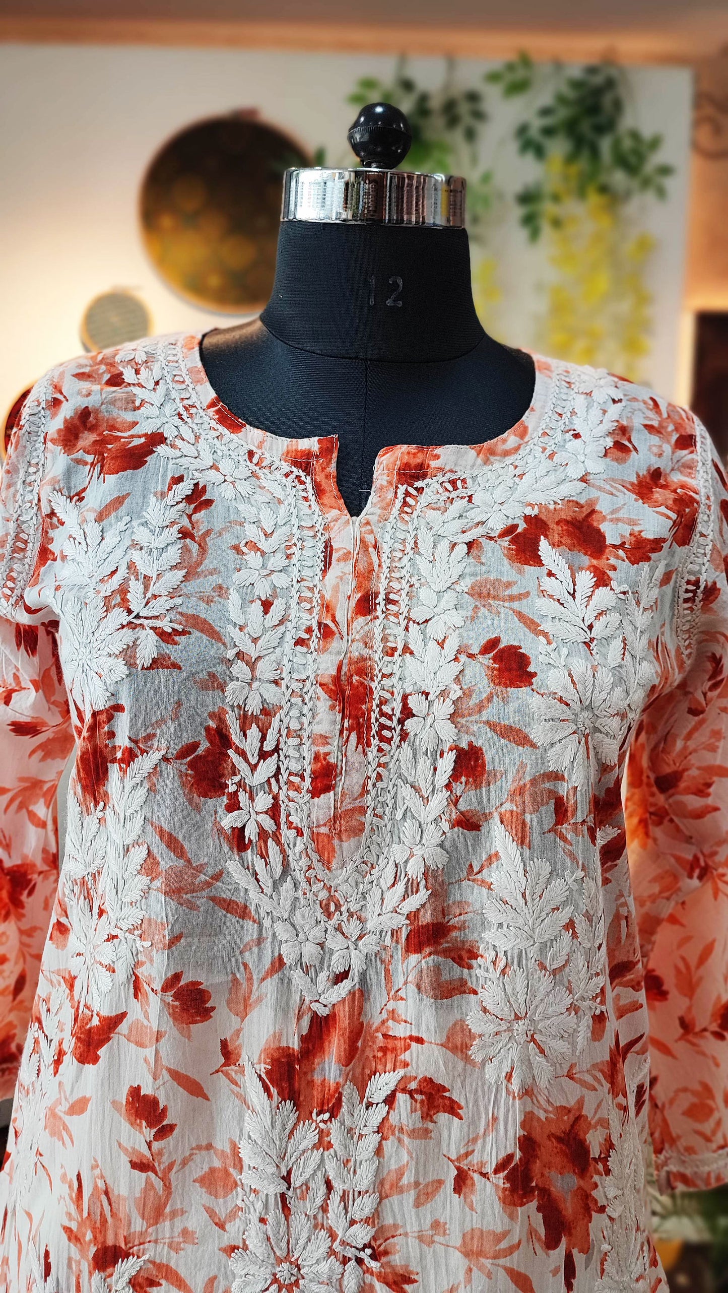 Pure Cotton Floral print Lucknowi Kurta With Chikankari Embroidery