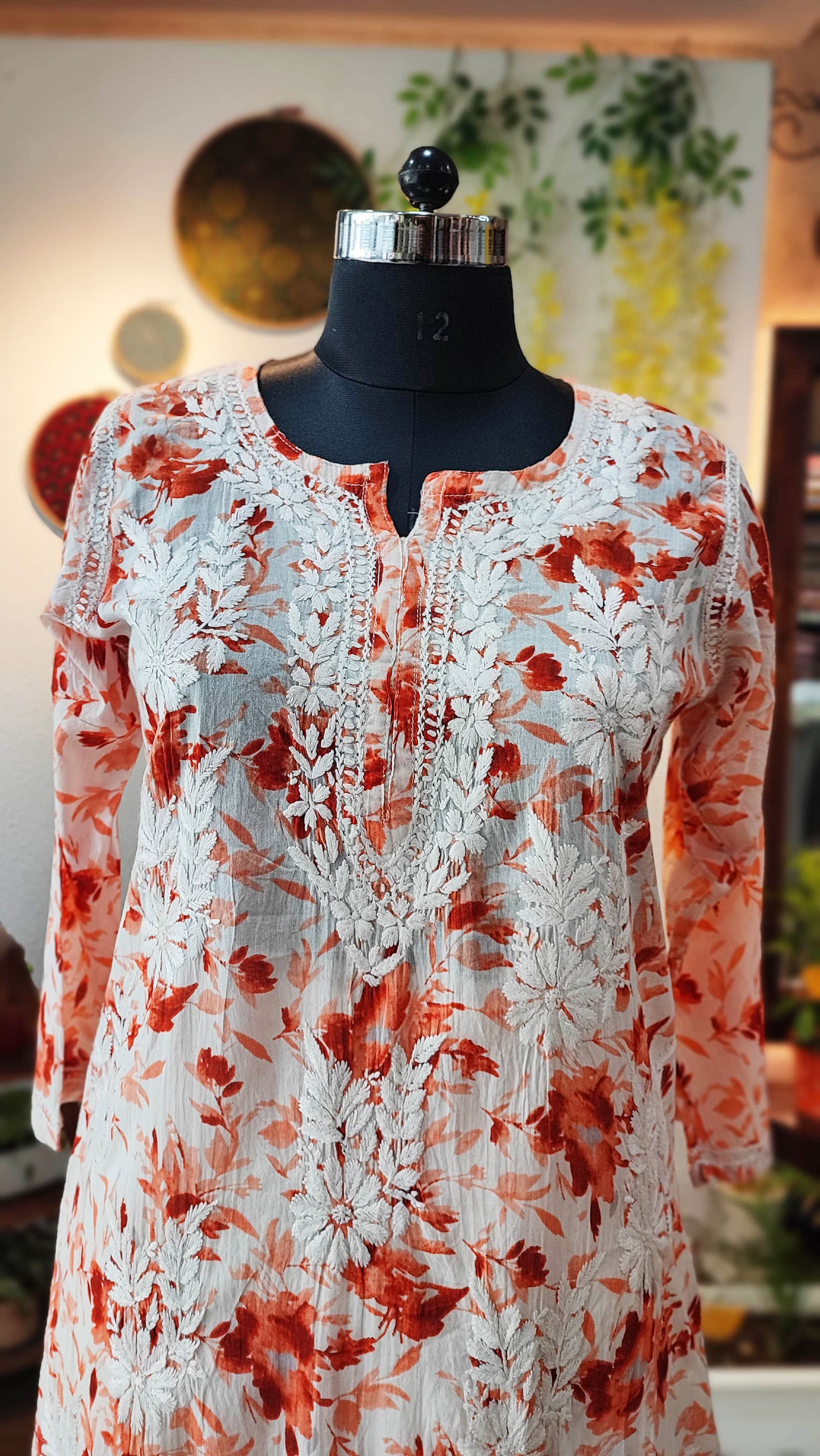 Pure Cotton Floral print Lucknowi Kurta With Chikankari Embroidery