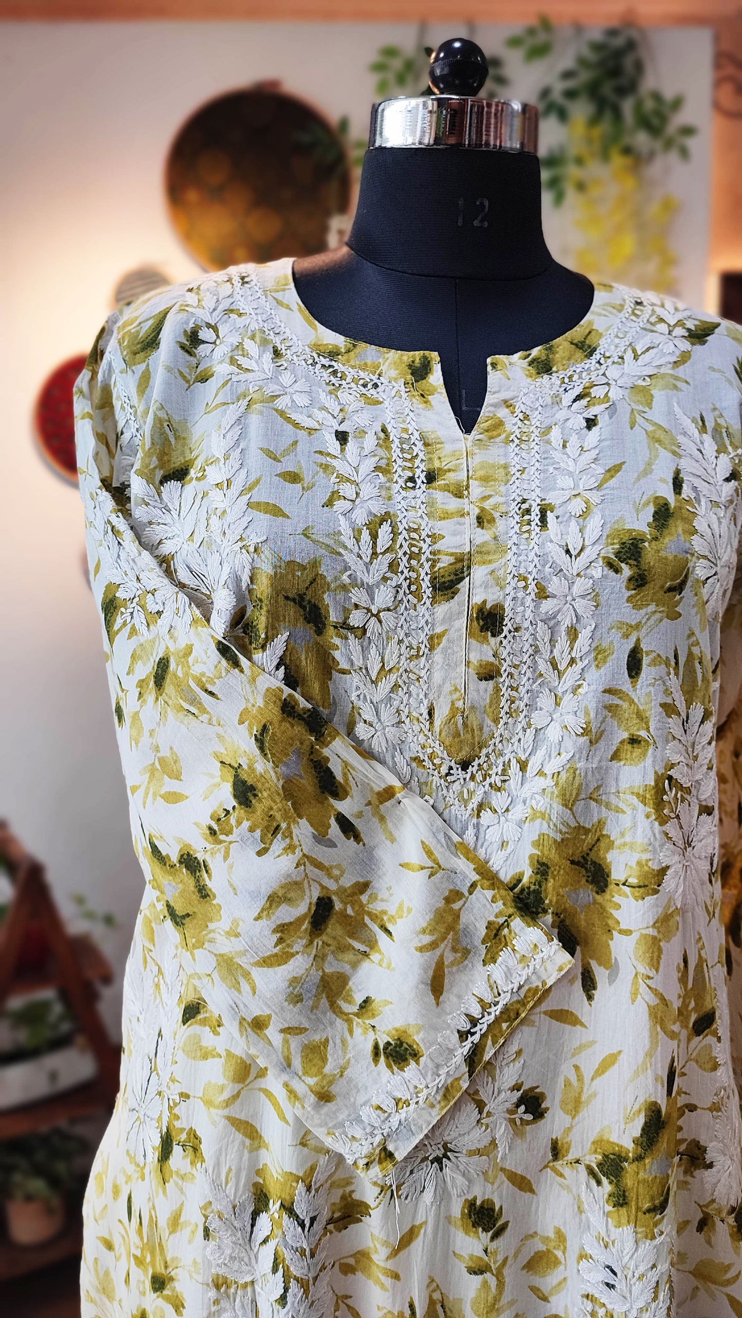 Pure Cotton Floral print Lucknowi Kurta With Chikankari Embroidery