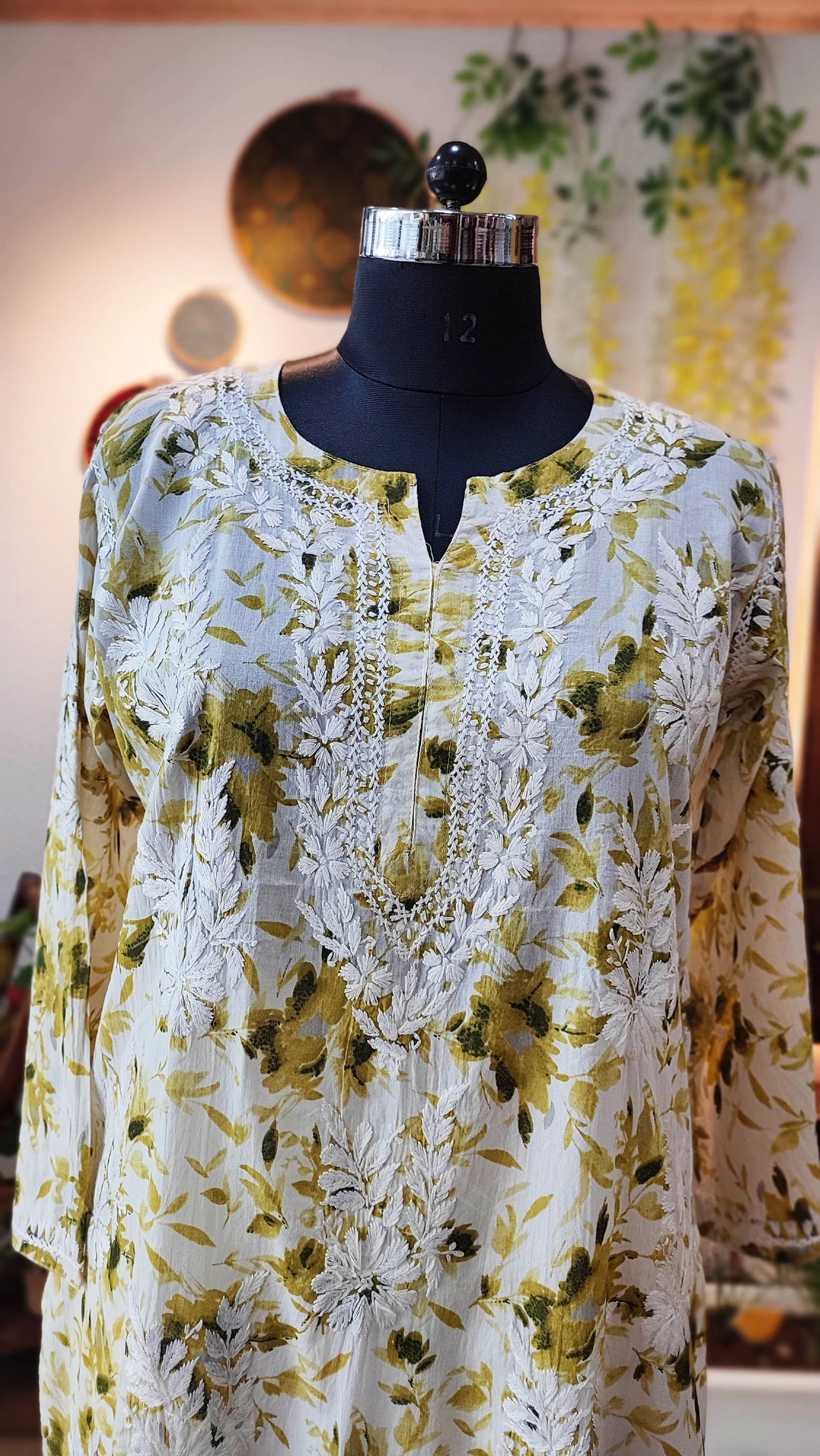 Pure Cotton Floral print Lucknowi Kurta With Chikankari Embroidery
