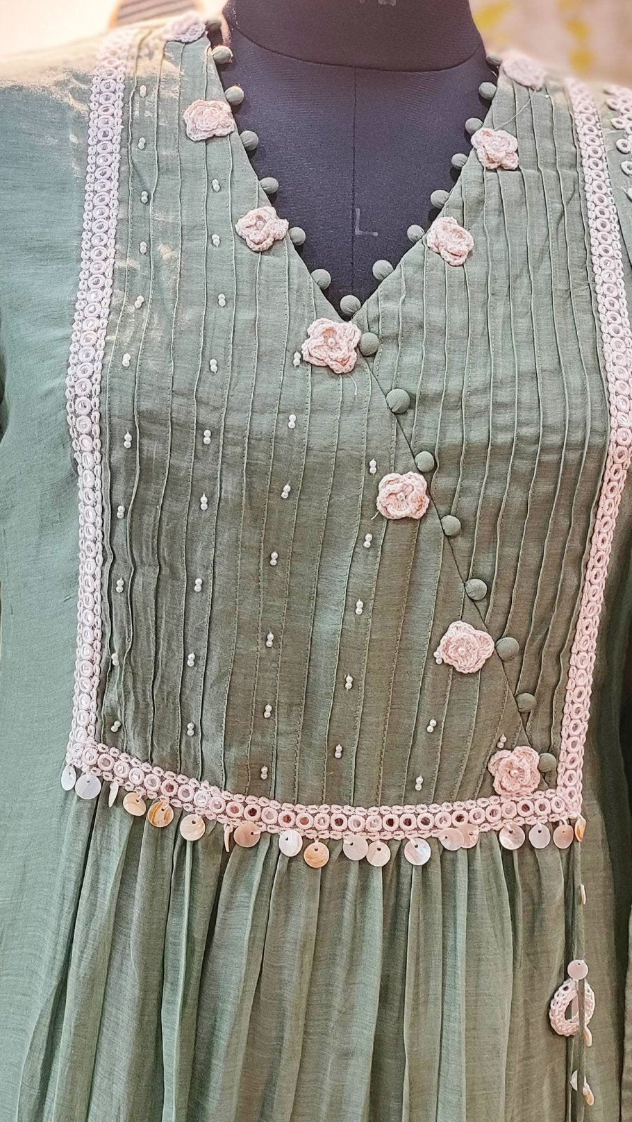 Sage Green Mul Chanderi Suit With Hand Embroidery and Mul Chanderi Dupatta
