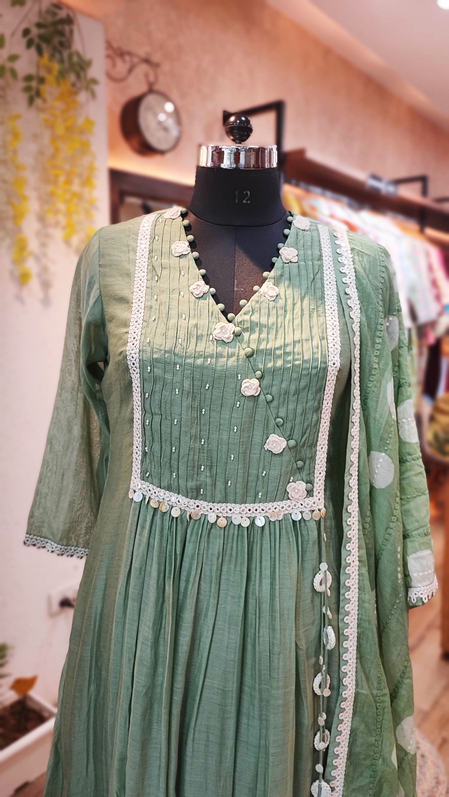 Sage Green Mul Chanderi Suit With Hand Embroidery and Mul Chanderi Dupatta