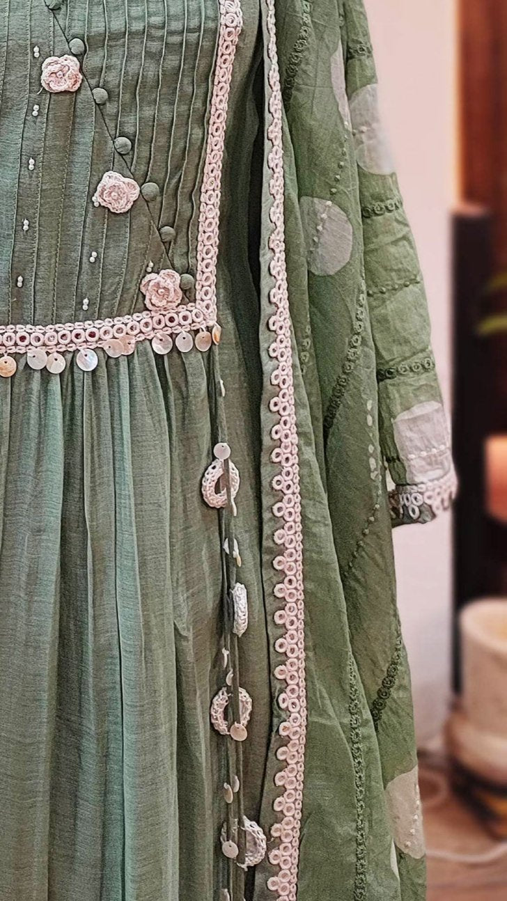 Sage Green Mul Chanderi Suit With Hand Embroidery and Mul Chanderi Dupatta