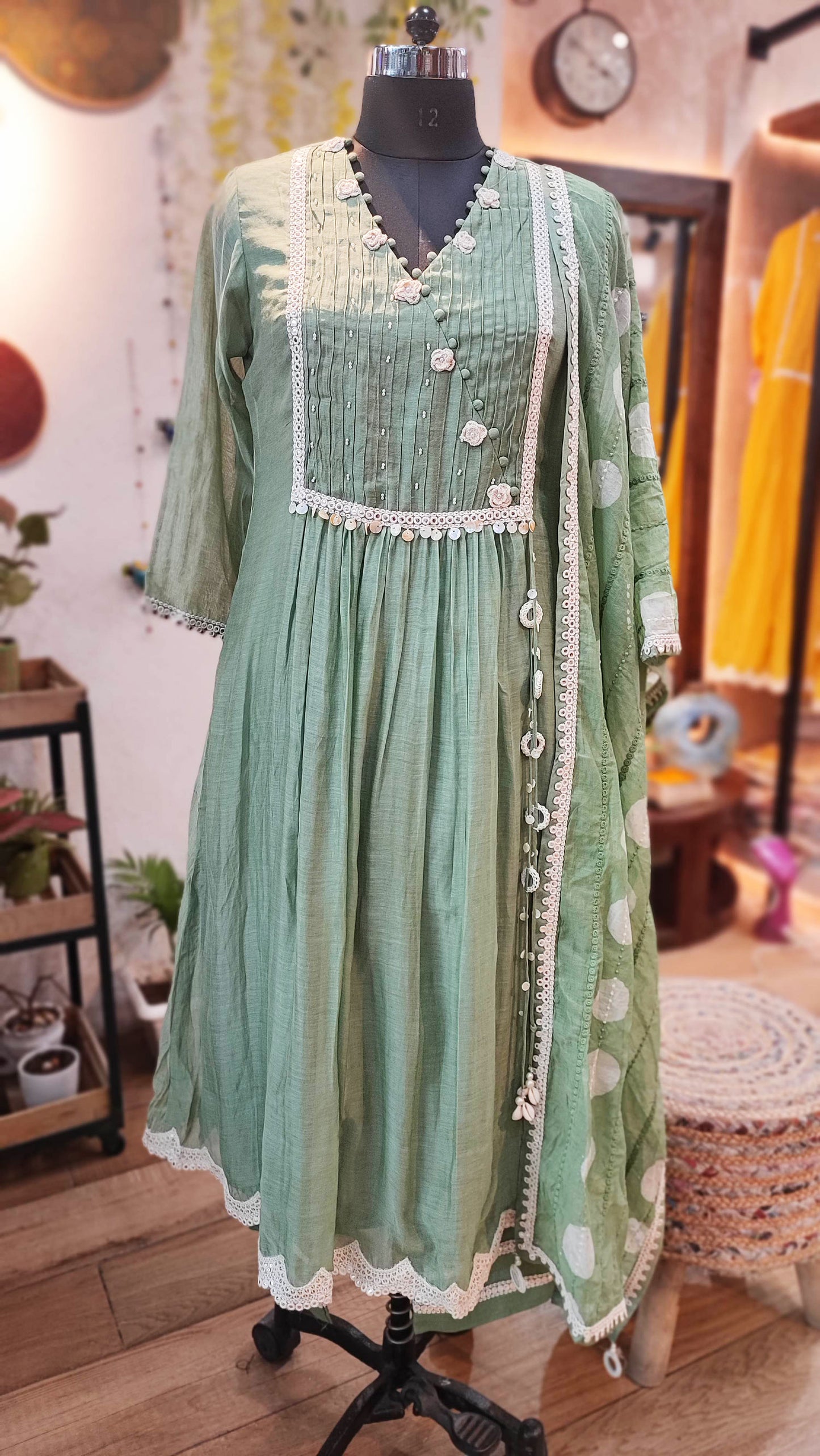 Sage Green Mul Chanderi Suit With Hand Embroidery and Mul Chanderi Dupatta