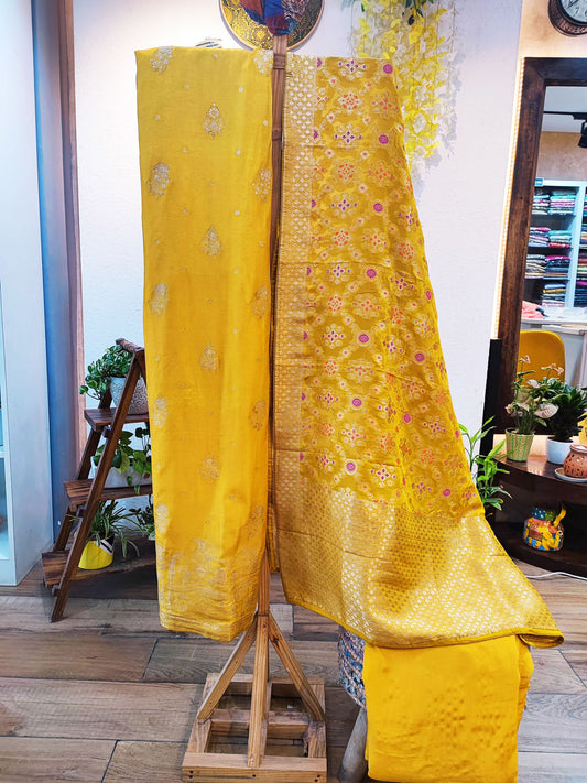 Canary Yellow Banarasi Soft Silk Suit With Luxurious Sheen With Banarasi Weaving