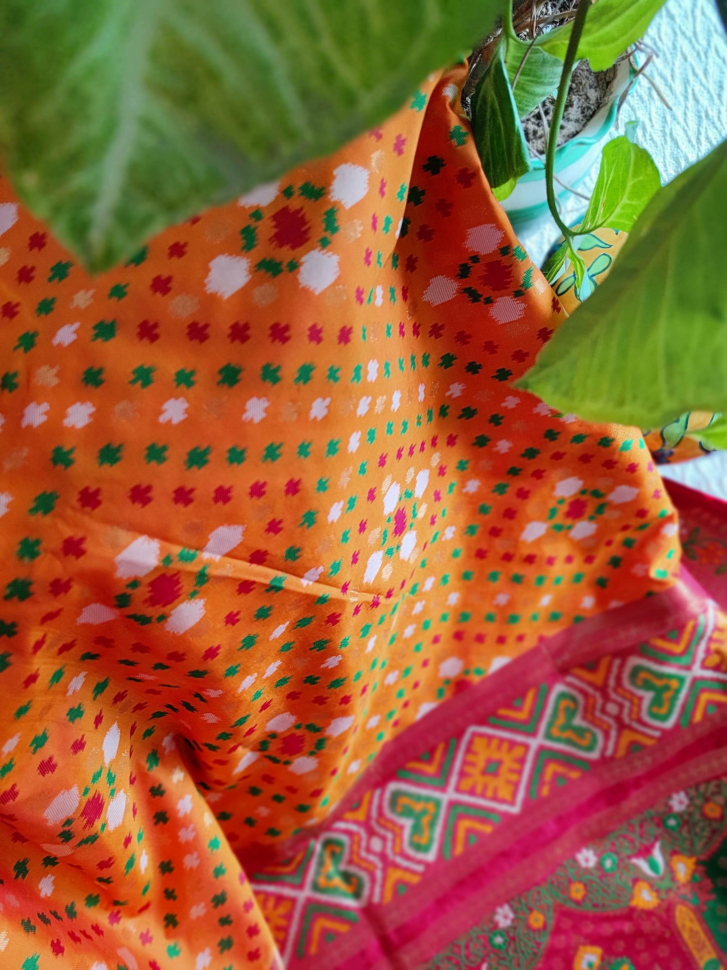 Marigold Yellow & Raspberry Patola Silk Saree With Zari Border