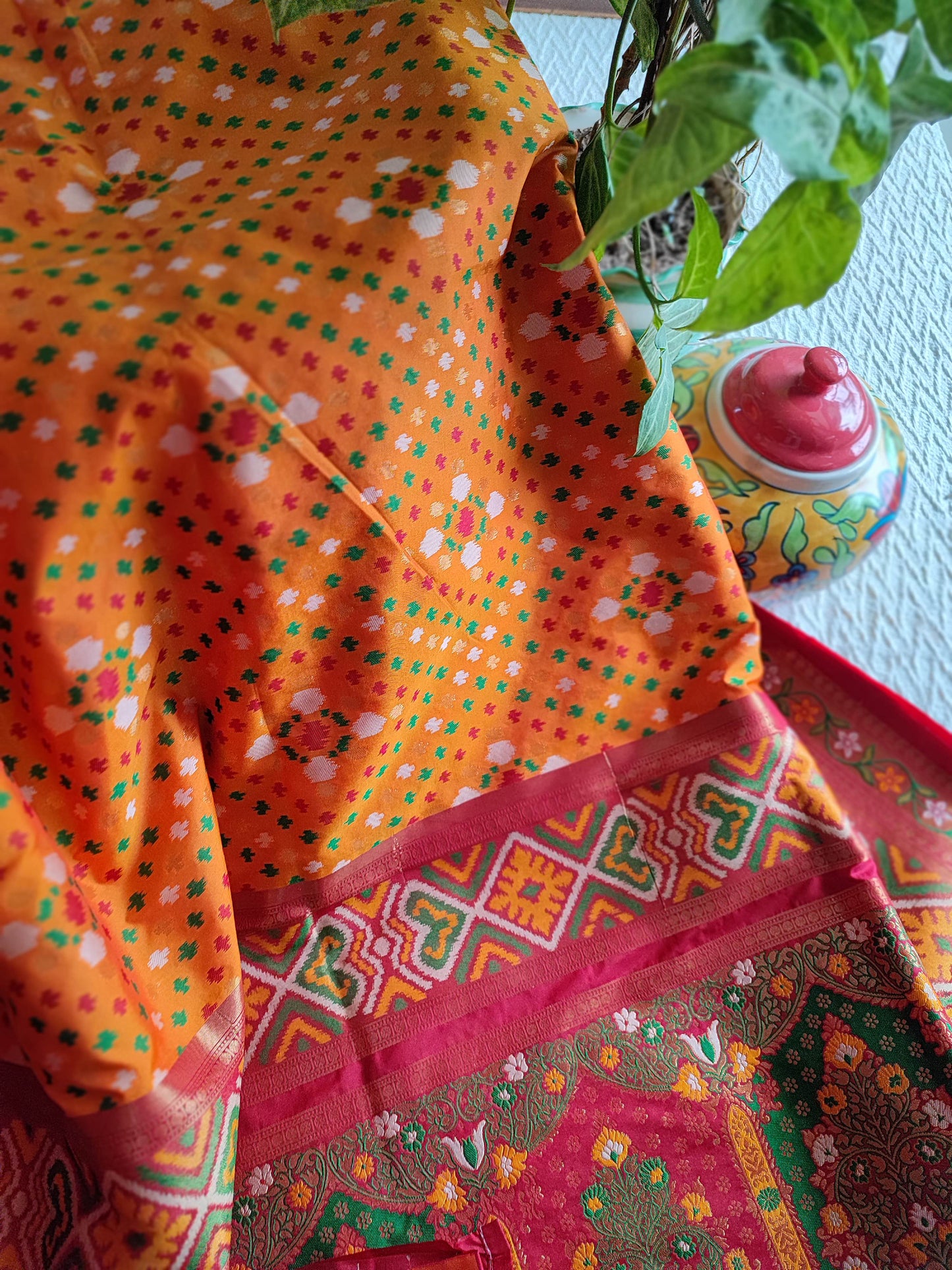 Marigold Yellow & Raspberry Patola Silk Saree With Zari Border
