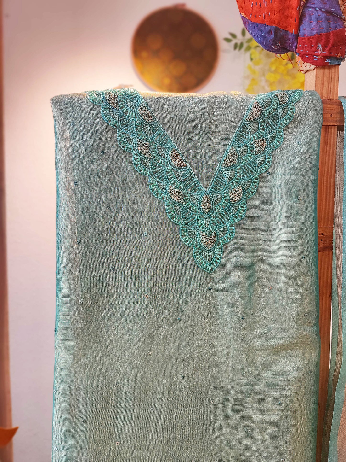 Firozi Tissue Banarasi Silk Suit with neck Handwork