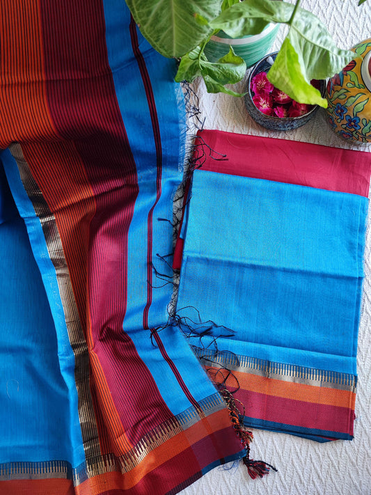 Azure Blue, Magenta & Orange Maheshwari Silk Suit With Cotton Bottom