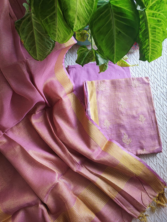 Pink & Lavender Handloom Soft Tissue Linen Suit With Resham Embroided Shirt & Zari Border Dupatta