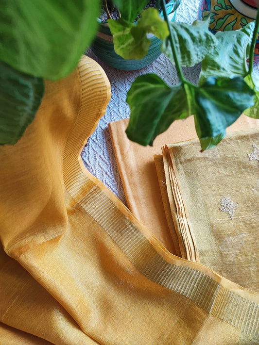Mustard Handloom Soft Tissue Linen Suit With Resham Embroided Shirt & Zari Border Dupatta