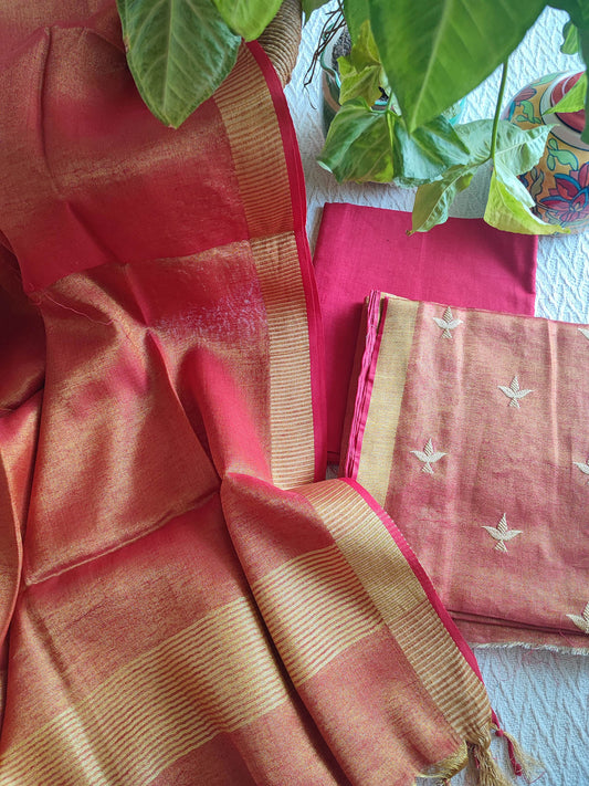 Hot Pink Handloom Soft Tissue Linen Suit With Resham Embroided Shirt & Zari Border Dupatta