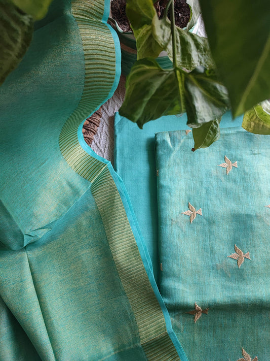 Firozi Handloom Soft Tissue Linen Suit With Resham Embroided Shirt & Zari Border Dupatta (Copy)