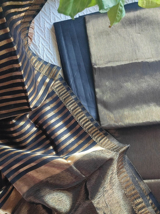 Charcoal Black Maheshwari Tissue Suit With Zari Striped Shirt and Dupatta