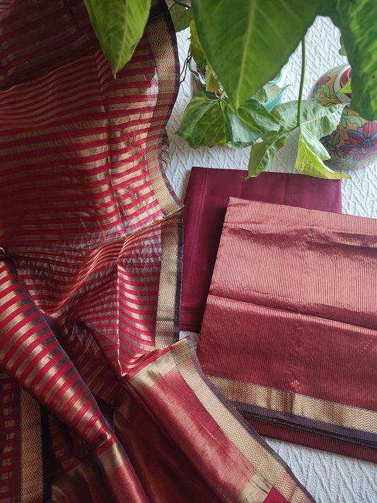 Red Maheshwari Tissue Suit With Zari Striped Shirt and Dupatta
