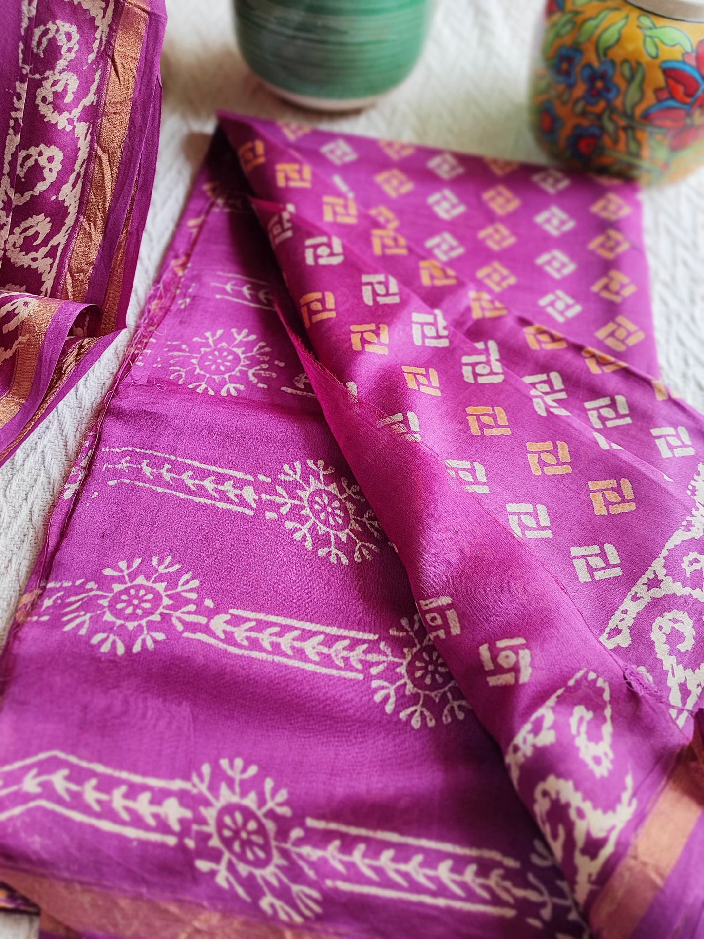 Magenta Handblock Print Premium Chanderi Silk Suit
