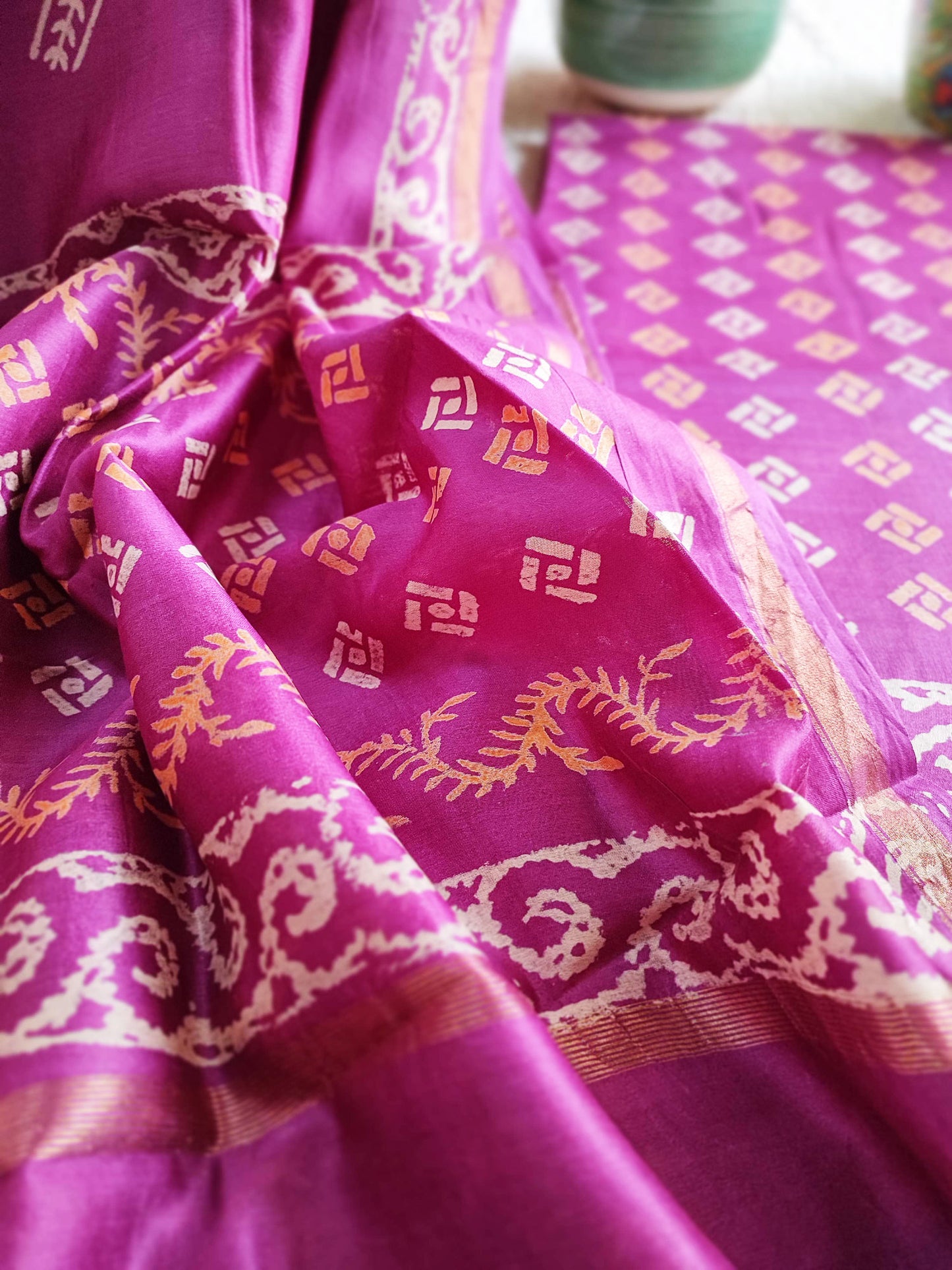 Magenta Handblock Print Premium Chanderi Silk Suit