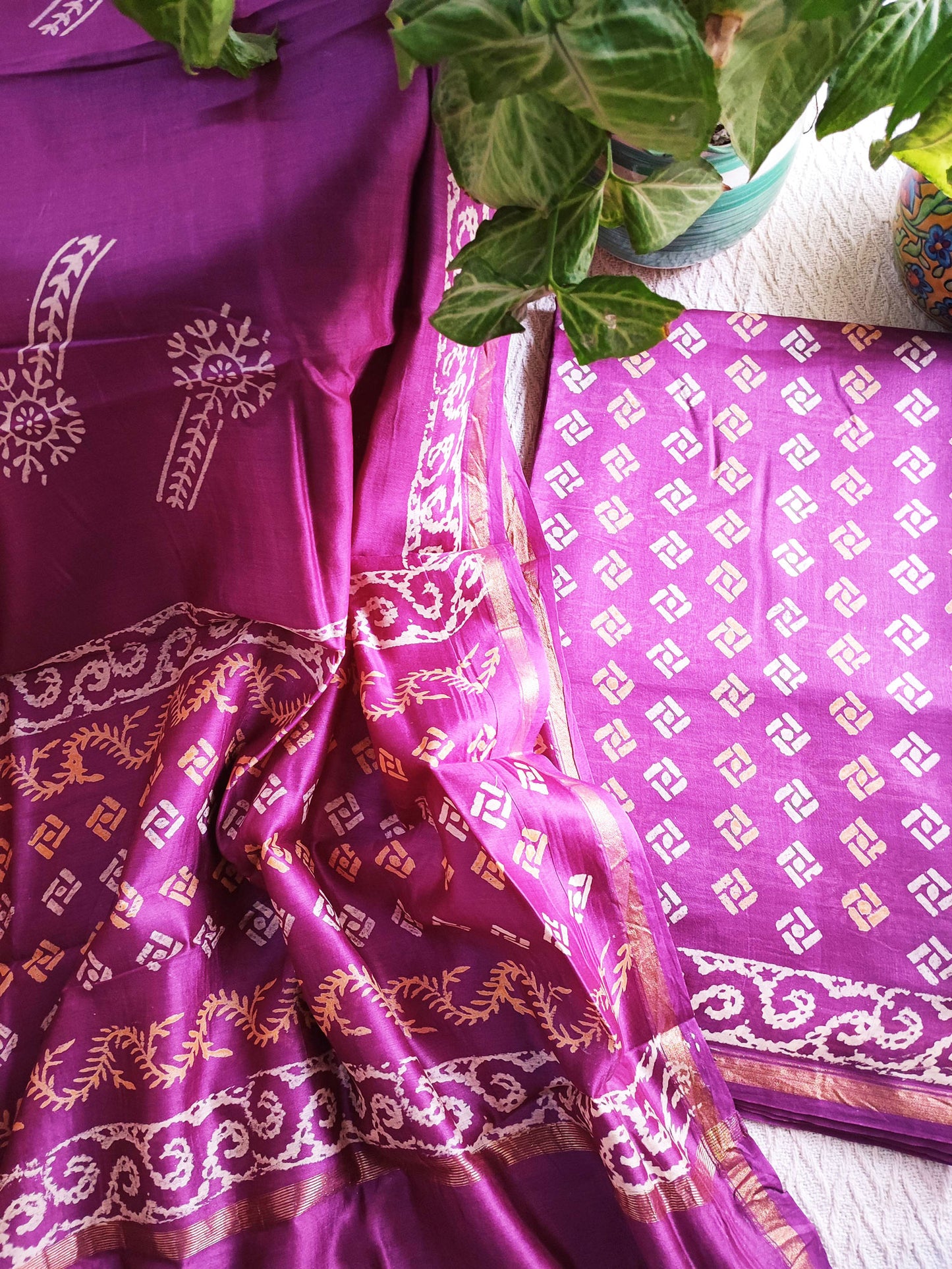 Magenta Handblock Print Premium Chanderi Silk Suit