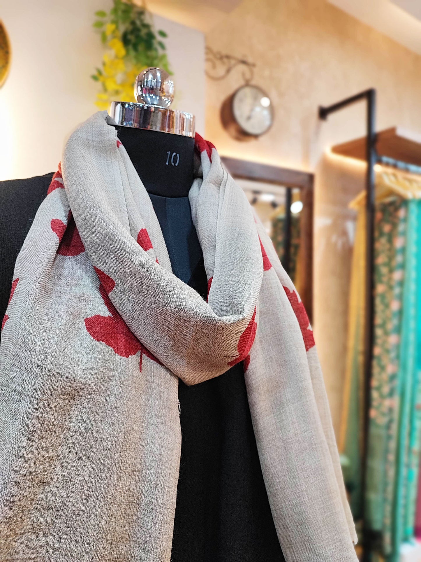 Greige Maple Leaf Print Fine Wool Pashmina Stole