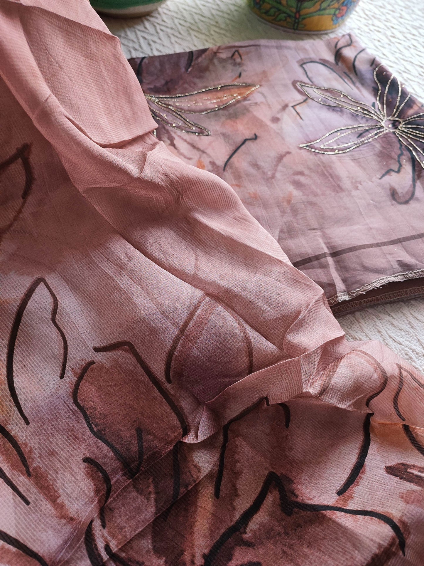 Flowy Semi-Crepe Suit with Digital Print and Light Zari Work