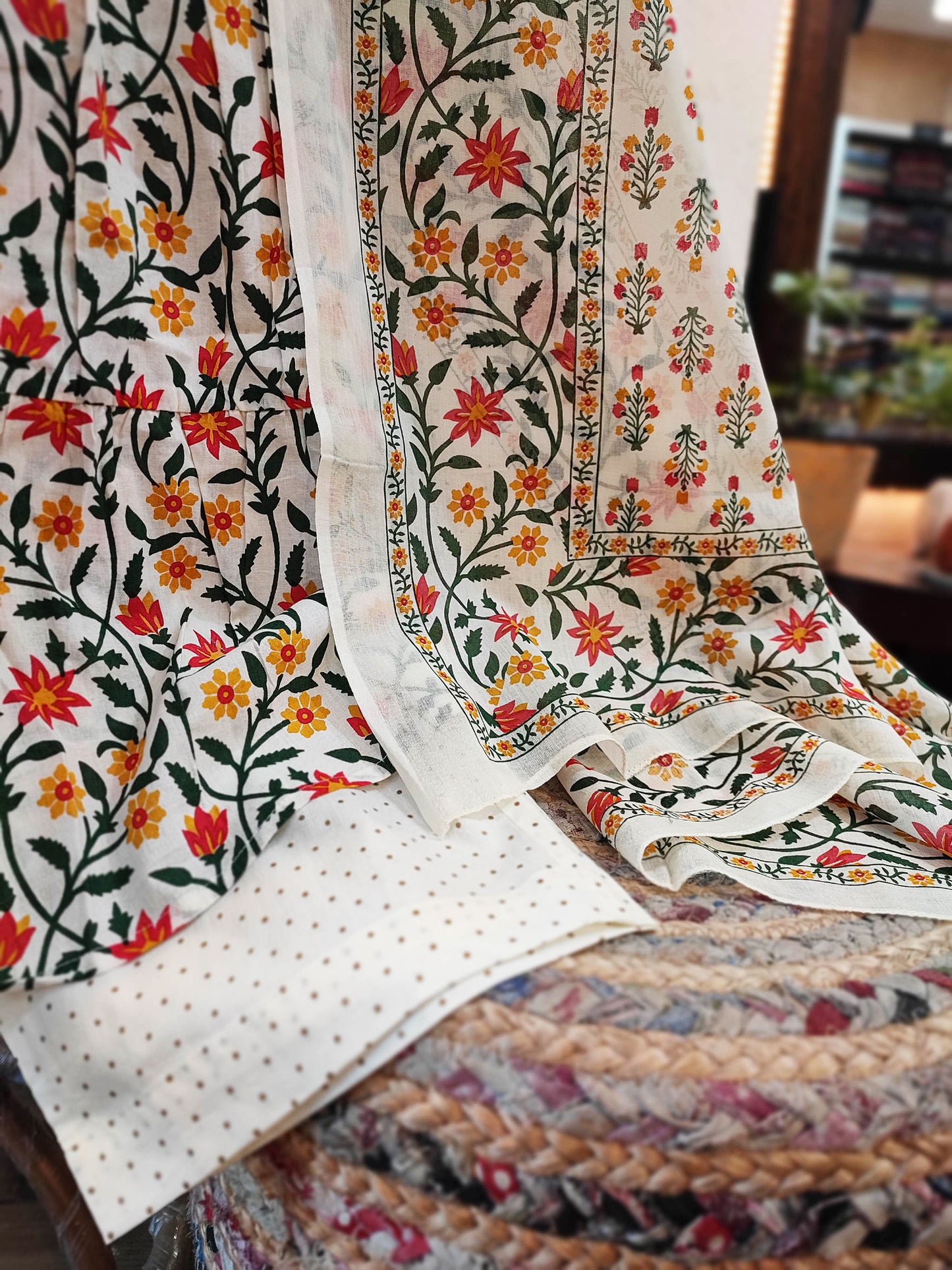 Off White Floral Print Pure Cotton Flared Suit with Plazzo and Dupatta